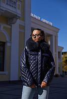 Жіноча стильна стьогана куртка зимова коротка з хутряним коміром натуральний песець синя 42, 44 рр