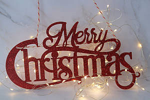 Декоративна підвіска з глітером "Merry Christmas", червона, 23х14 см
