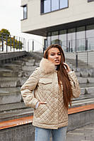 Женская стильная стеганая куртка зимняя короткая с меховым воротником из песца беж 42,50р