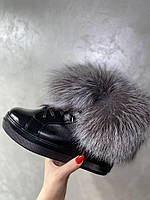 Жіночі низькі черевики з натуральної шкіри хутро натуральне чорнобурка