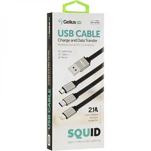 USB кабель Gelius Pro Squid 3in1 MicroUSB/Lightning/Type-C 2.1A 1 м GP-UC102 Black, фото 3