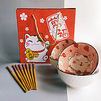 Набір керамічних піал для рису з зображенням манекі-неко (4шт)