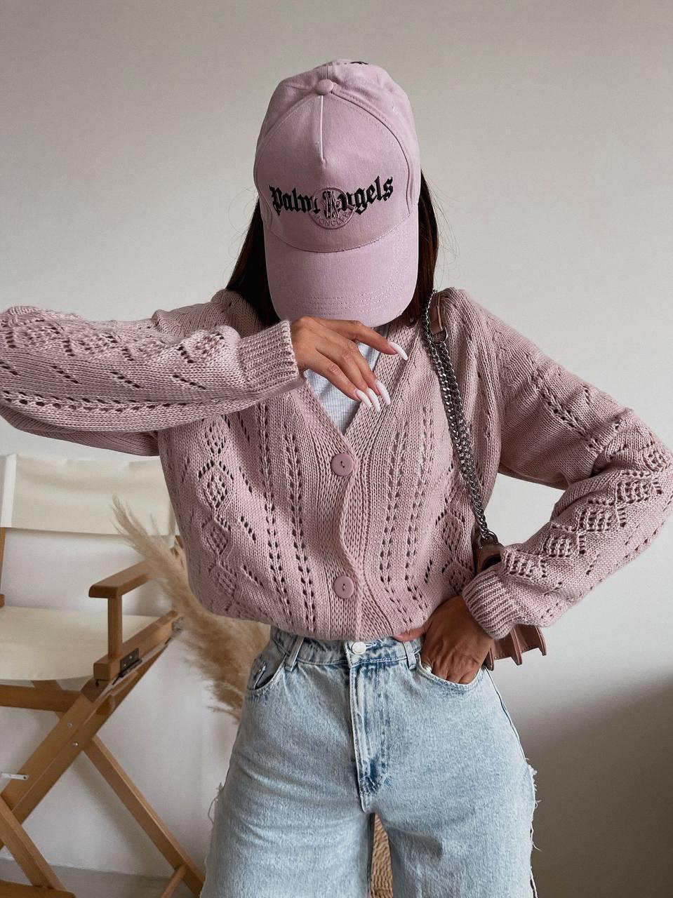 В'язана кофта жіноча на ґудзиках вільного фасону з ажурною в'язкою (р. 42-46) 4KF2035, фото 1