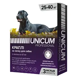 Краплі від бліх, вошей, власоїдів,, іксодових кліщів на холку для собак Unicum PRO 25-40 кг (ціна за піпетку)