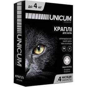 Краплі від бліх та кліщів Unicum Premium для котів 0-4 кг імідаклоприд 10%