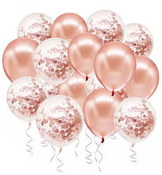 Повітряні кульки "Pink gold", набір - 16 шт., Італія, колір - рожеве золото + конфеті