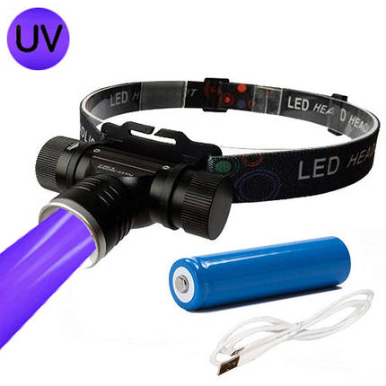 Ліхтар налобний з ультрафіолетовим світлом X-Balog BL-5808-UV акумуляторний (MicroUSB), фото 1