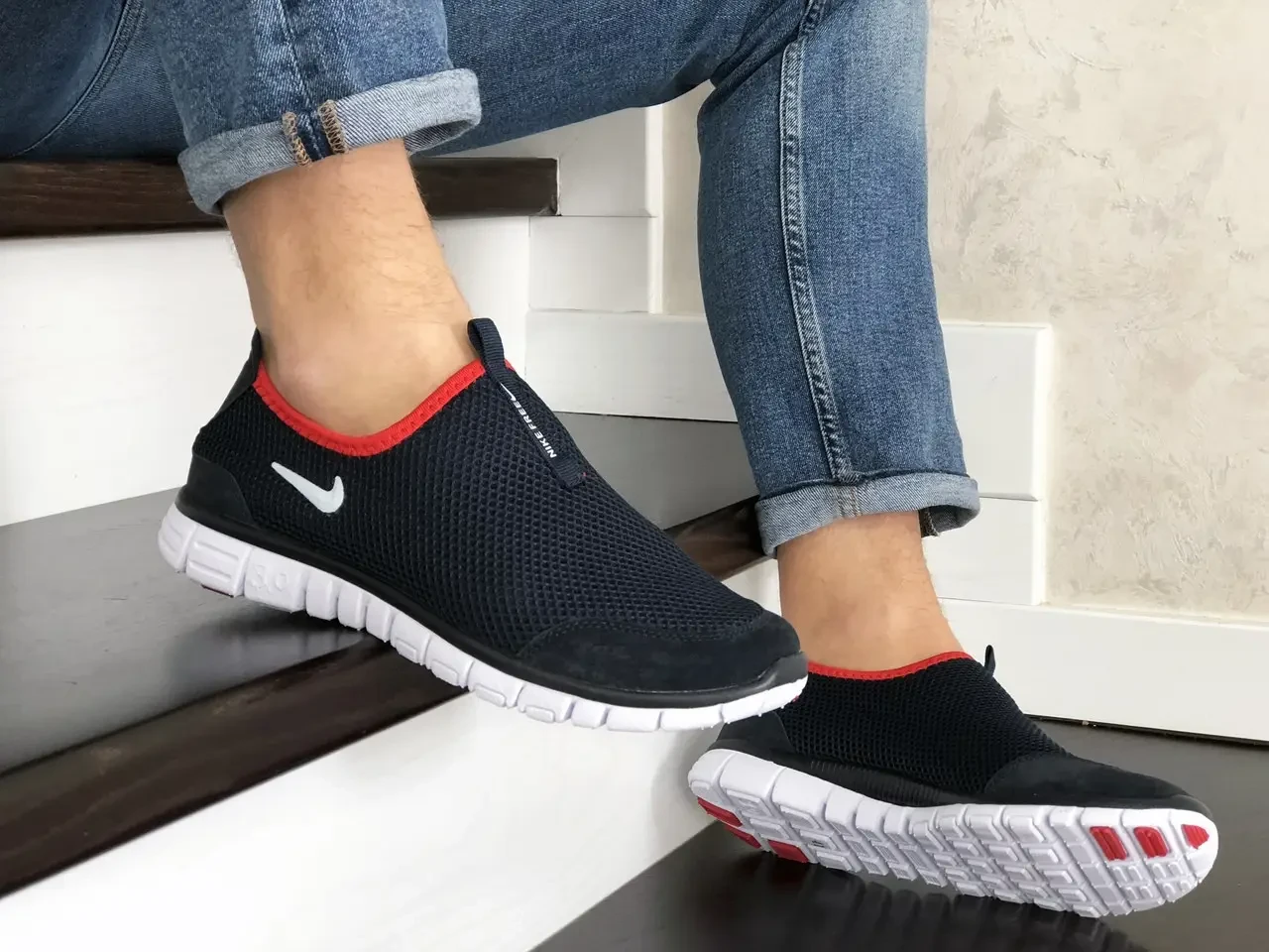 Крихітки чоловічі Nike Free Run 3.0 сітка, темно сині з білим, у стилі найк фрі ран (Розмер 41, 44)