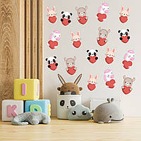 Набор наклеек на стену в детскую комнату «Животные (панда, единорог, заяц, барашка) с сердцами» (17 штук) с
