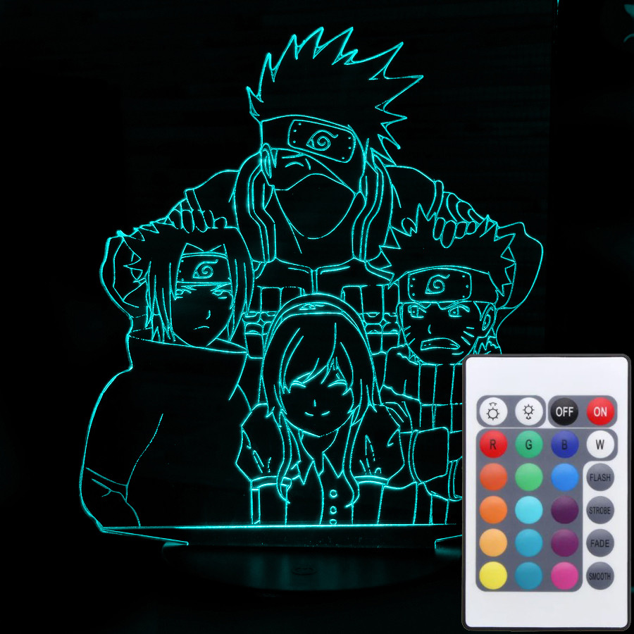 Акриловий світильник-нічник з пультом 16 кольорів Какаши та Команда 7 tty-n001967