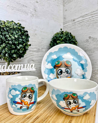 Набір дитячого посуду Ardesto Panda pilot 3 пр. порцеляна AR3451PS, фото 1