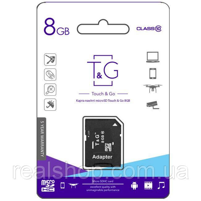 Карта пам' яті microSDHC 8GB class 10 T&G (з адаптером) TG-8GBSDCL10-01
