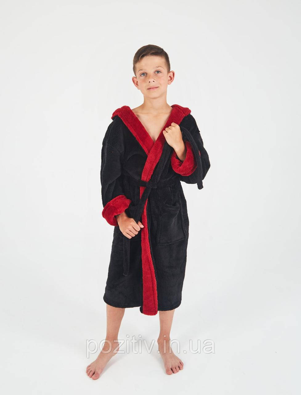 Халат махровий дитячий на хлопчика з капюшоном (від 8-10років) чорний, фото 1