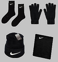 Шапка + Баф + Рукавички + Шкарпетки Nike (Найк) комплект чорний | Комплект зимовий теплий до -25*С ЛЮКС якості