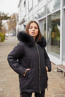 Модна зимова куртка пуховик з капюшоном з опушкою з натурального хутра песця чорний 42р