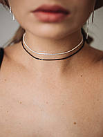 Чокер серебряный или черный из плетения Гипсофила, короткая цепочка, серебро 925 пробы, длина 31+5 см