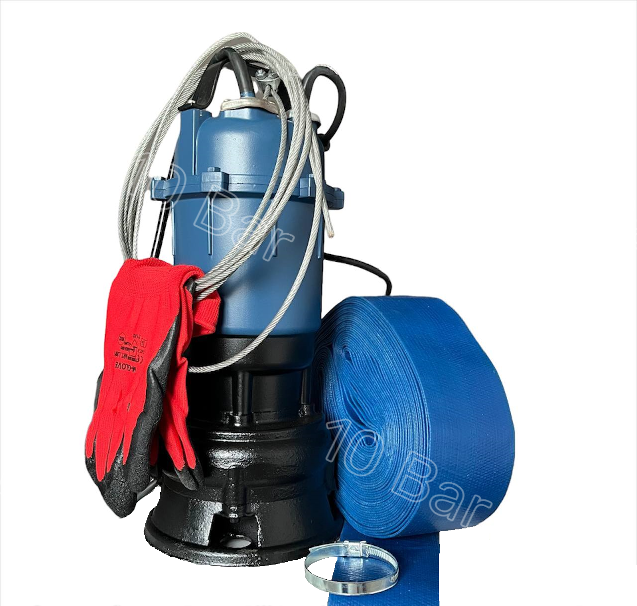 Фекальний насос FORWATER 1.1 кВт з подрібнювачем + шланг 25 м, трос, зажими, хомут, рукавиці (комплект), фото 1