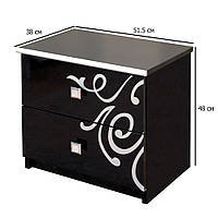 Черная глянцевая прикроватная тумбочка Фелиция Новая 51.5 см с художественной печатью с двумя ящиками