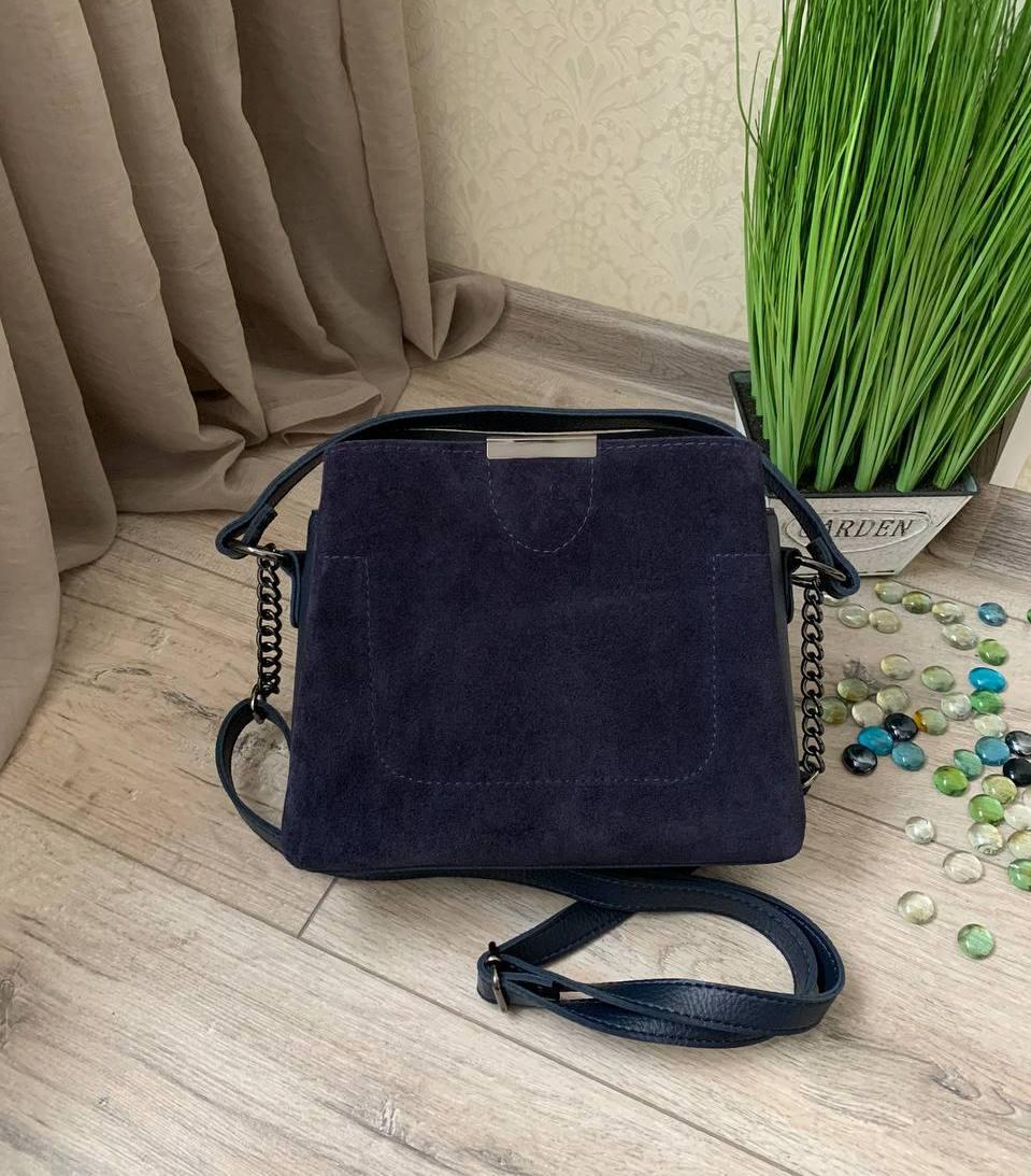 Невелика замшева жіноча сумочка через плече сумка синя натуральна замша+кожзам