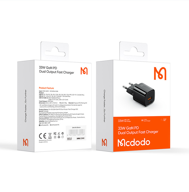 Мережевий зарядний пристрій (СЗП) McDodo 33 W mini PD Fast Charge