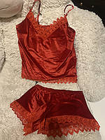 Спальный комплект женский халат майка шорты мраморный бархат, теплая пижама, Красный, Размер ХЛ