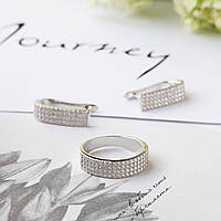 Комплект серебряный кольцо и сережки с россыпью белых фианитов