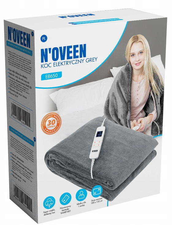 Електрична ковдра Noveen EB650 Grey super soft 180 x 130 см