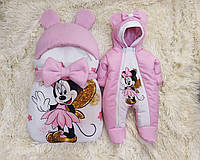 Верхняя одежда для новорожденных девочек, спальник + комбинезон 56-62 размер, принт Минни, розовый