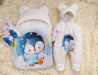 Зимний комбинезон + конверт спальник для новорожденных мальчиков, принт Пингвин, белый с голубым