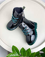 Ботинки детские осенние черные лаковые на массивной подошве стильные зеленые шнурки для мальчика девочки
