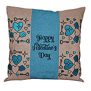 Подушка з вишивкою "Happy Valentines Day" (бежевий + блакитний), 40*40