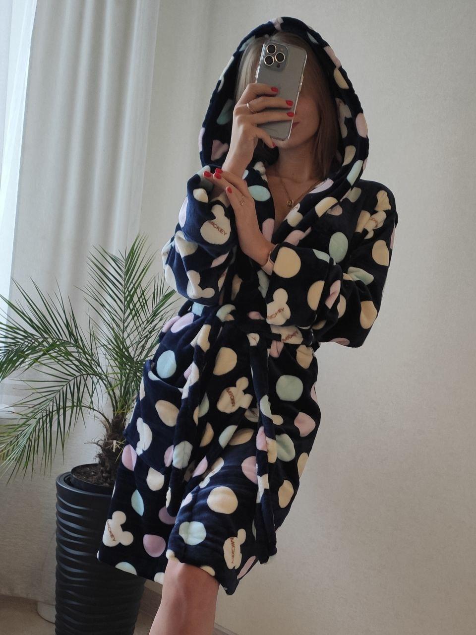 Халат домашній теплий темно-синій міккі в горошок, фото 1