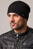 Шапка мужская вязаная зимняя с хлястиком Теплая шапка с отворотом Caskona Premium Unix синяя Черный