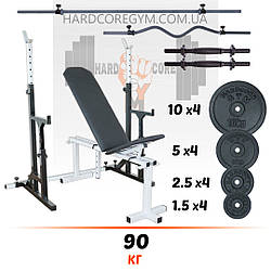 Комплект: лавка, стійки з страховкою, штанга пряма та з W-подібним грифом + гантелі | 90 кг