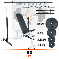 Комплект: лавка, стійки, штанга пряма та з W-подібним грифом та гантелі 90 кг