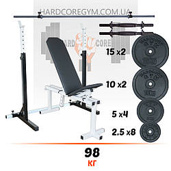 Комплект: лавка регульована для жиму та стійки, штанга та гантелі 98 кг