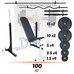 Комплект: лавка, стійки, штанга пряма та з W-подібним грифом + гантелі | 100 кг