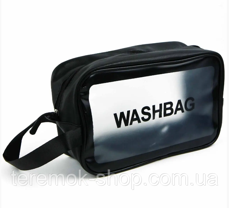 Косметичка несессер черная из эко-кожи, органайзер на молнии с ручкой  Washbag 20х12х 6,5 см