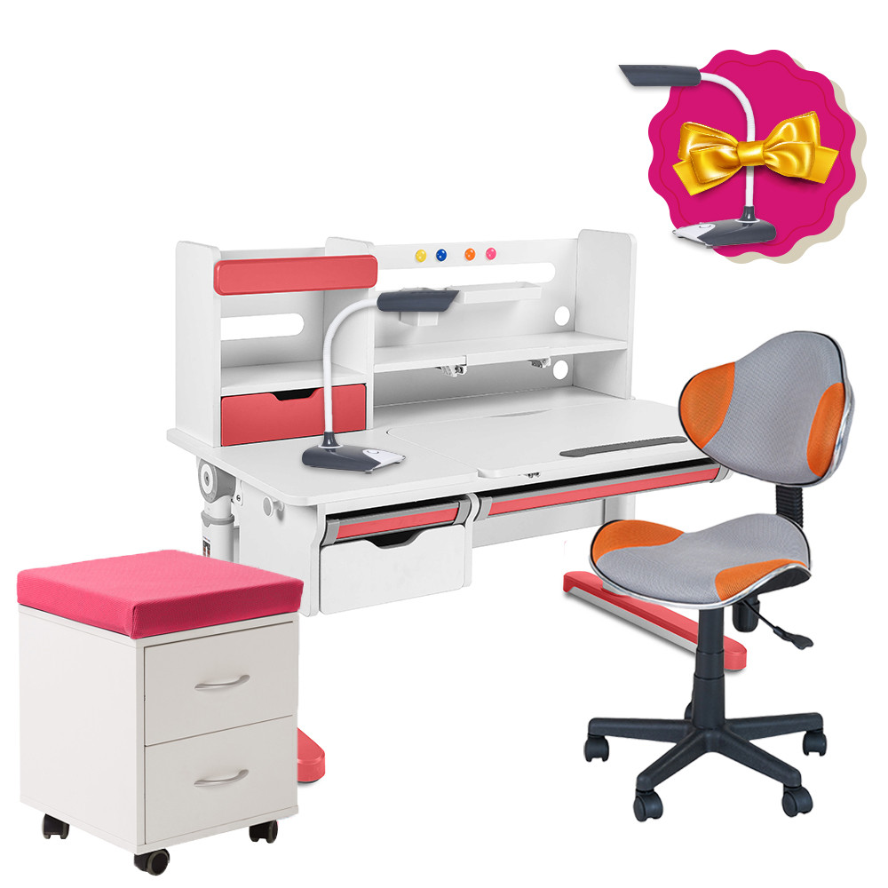 Росте набір парту FunDesk Sentire Pink + крісло FunDesk LST3 Orange-Grey + тумбочка FunDesk SS15W Pink