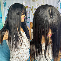 Натуральна перука вставка імітації шкіри слов'янське довге чорне волосся 60 см
