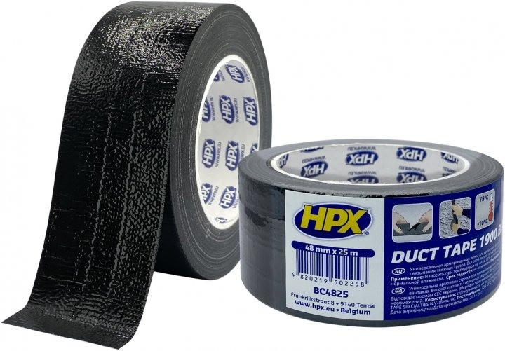 Армированная клейкая лента (сантехнический скотч) HPX Duct Tape Universal 1900 48ммх25м черная - фото 1 - id-p1660816833