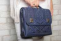 Женская сумка в карпатском стиле большая, синяя сумка ручной работы из натуральной кожи