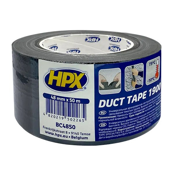 Армированная клейкая лента (сантехнический скотч) HPX Duct Tape Universal 1900 48ммх50м черная - фото 2 - id-p1660816834