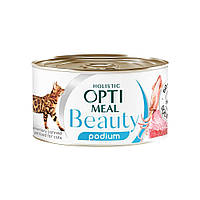 Вологий корм Optimeal Beauty Podium для котів з смугастим тунецем в соусі з кільцями кальмарів 70г