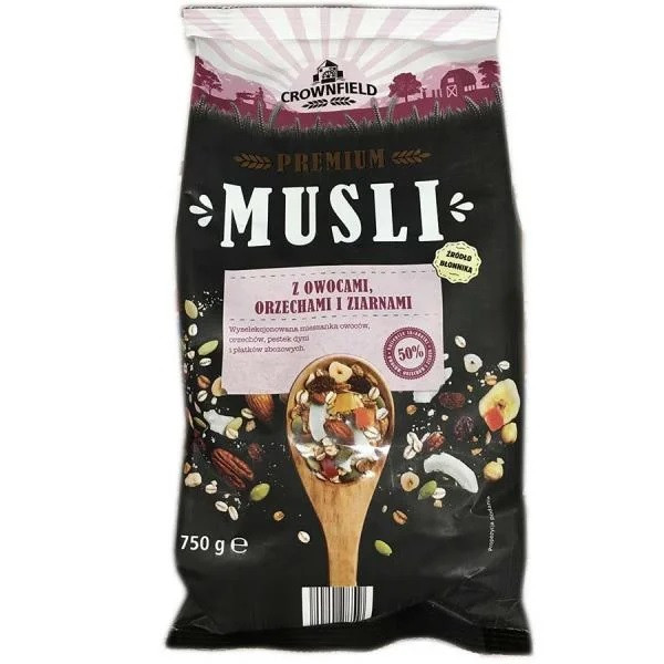 Мюслі з Фруктами Горіхами та Семетилками Гарбуз Musli Crownfield z Owocami Orzechami i Ziarnami 750 г Польща