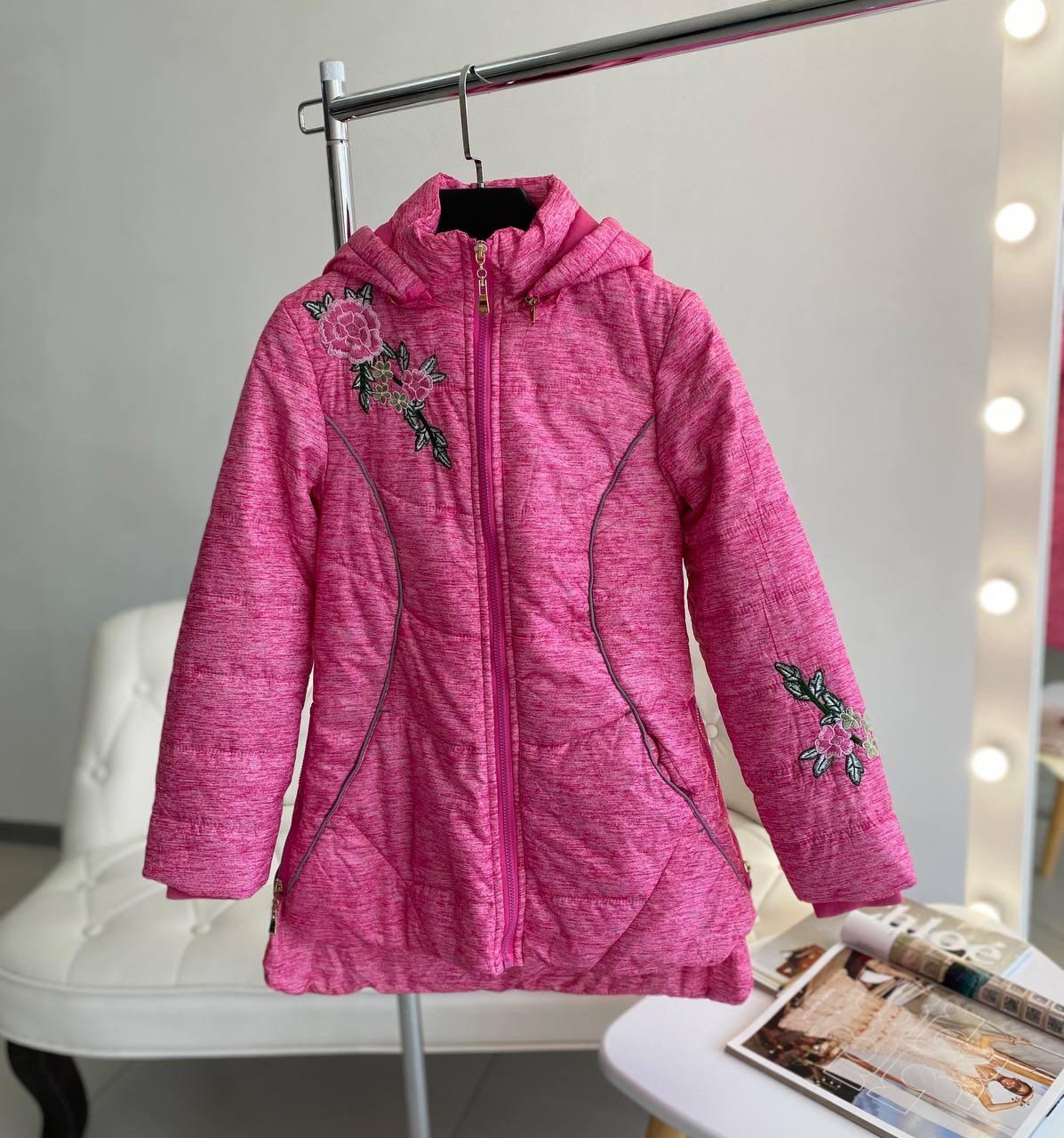 Подовжена демісезонна куртка на дівчинку з квіткою 72237 Grace, Розовый, Для девочек, Весна Осень, 12 лет, фото 1