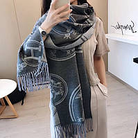 Теплый шарф палантин платок Hermes Гермес серый