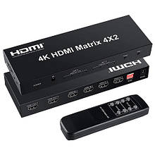 Комутатор HDMI 4x2 порта, 4K, 3D, матричний, з пультом ДУ і EDID