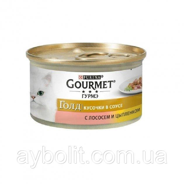 Консервований корм Purina Gourmet З лососем та куркою. Кусочки у підливці. 85 гр.