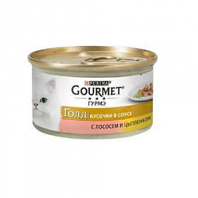 Консервований корм Purina Gourmet З лососем та куркою. Кусочки у підливці. 85 гр.
